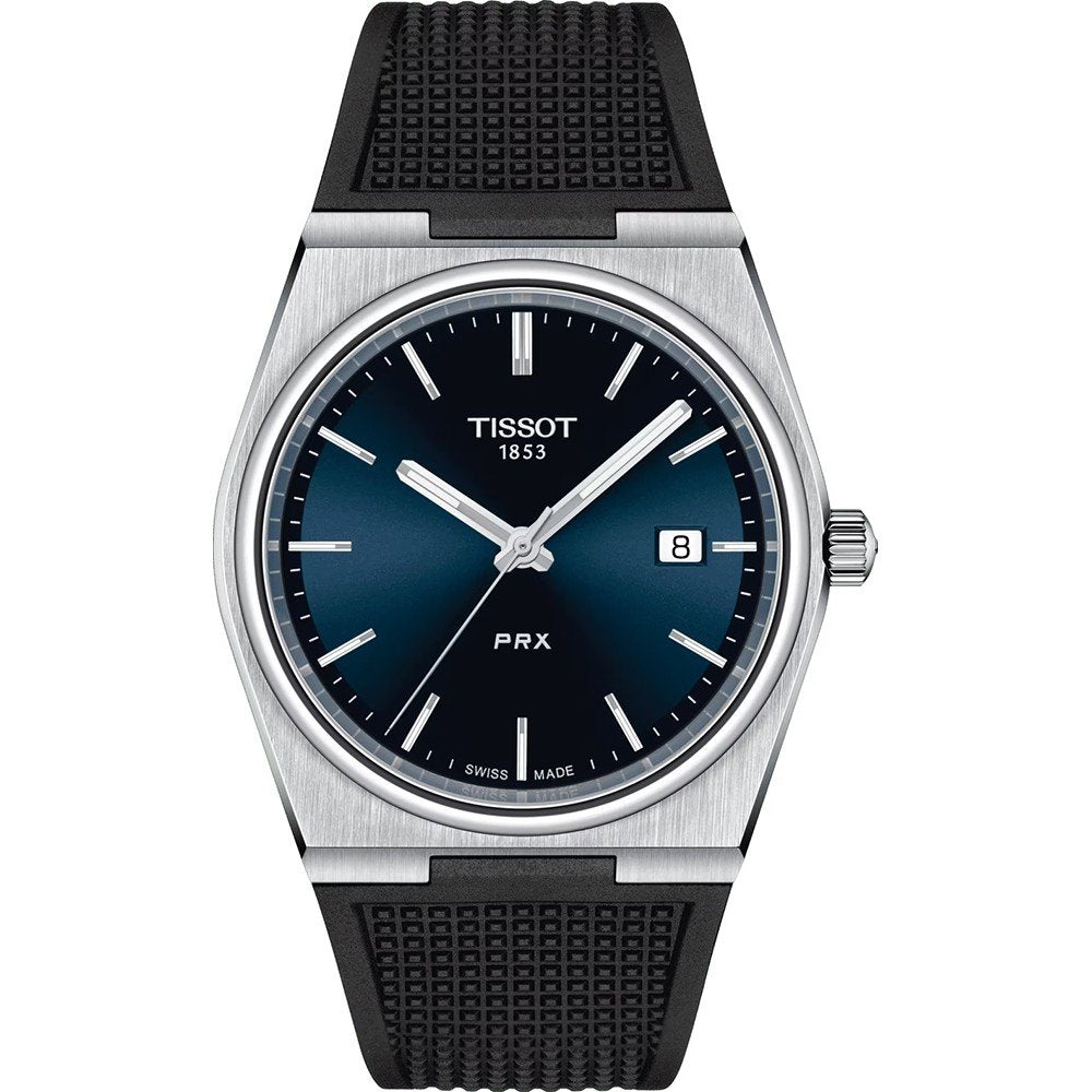 Reloj Tissot PRX con esfera azul, caja de acero inoxidable y correa de caucho negra.