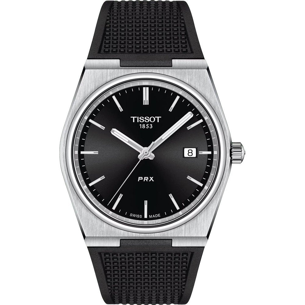 Reloj Tissot PRX con esfera negra, caja de acero inoxidable y correa de caucho negra.
