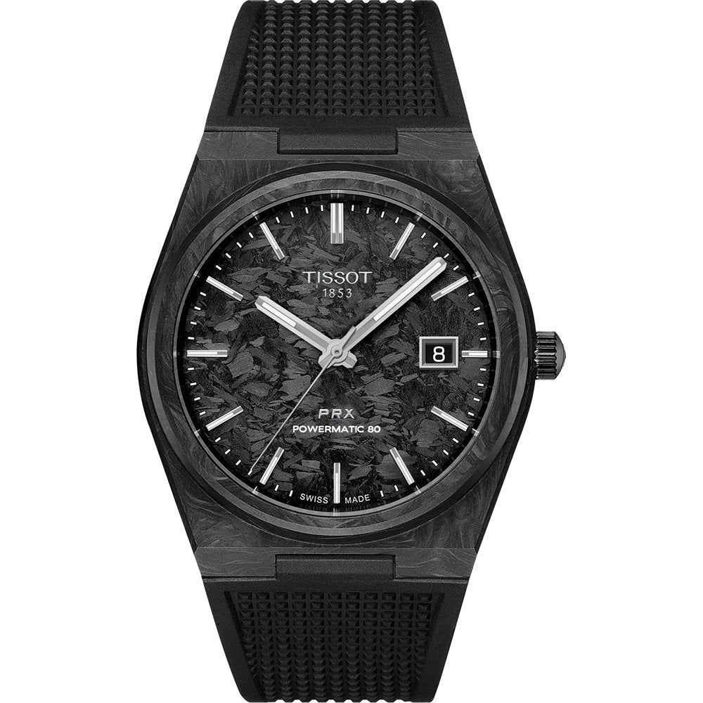 Reloj Tissot PRX Powermatic 80 de 40 mm, con caja y correa de carbono negro, esfera texturizada y fecha.