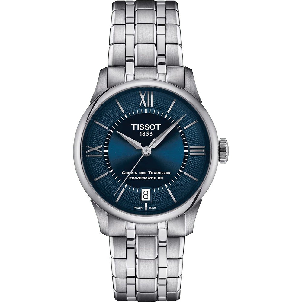 Reloj Tissot Chemin des Tourelles con esfera azul, caja de acero inoxidable y correa de eslabones.