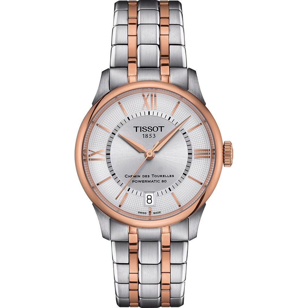 Reloj Tissot Chemin des Tourelles de 34 mm, con caja bicolor de acero y oro rosa, esfera plateada.