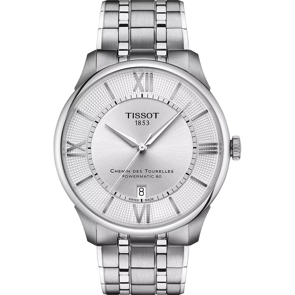 Reloj Tissot Chemin Des Tourelles de 42 mm, con caja y correa de acero inoxidable, esfera plateada y números romanos.