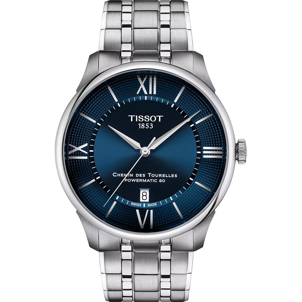 Reloj Tissot Chemin Des Tourelles de 42 mm con esfera azul, correa de acero inoxidable y detalles en plata.