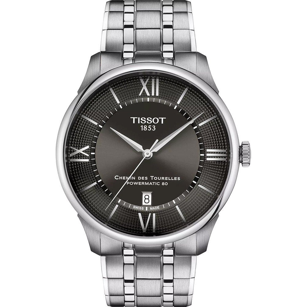 Reloj Tissot Chemin Des Tourelles de 42 mm con esfera gris, números romanos y correa de acero inoxidable.