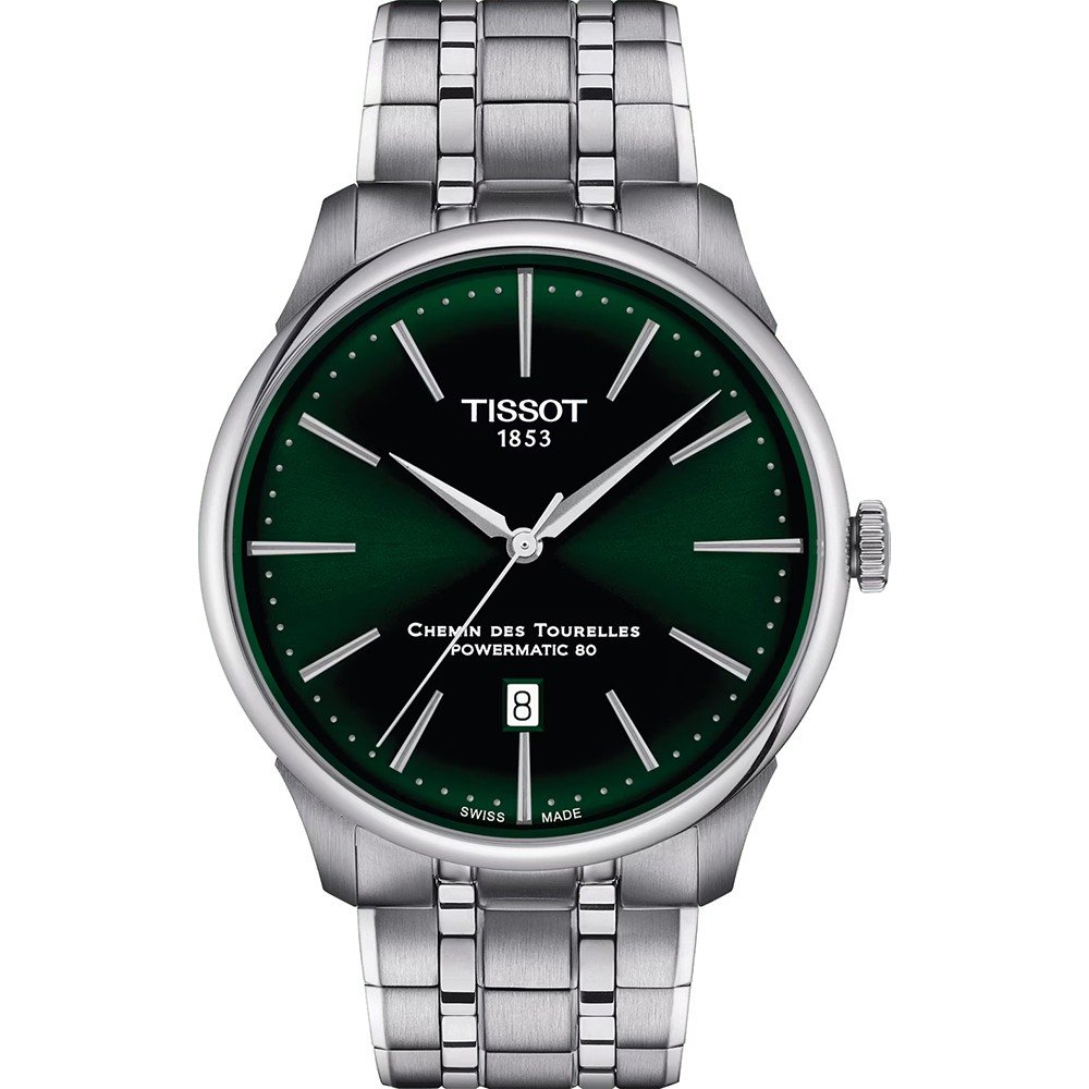 Reloj Tissot Chemin des Tourelles con esfera verde, caja de acero inoxidable y correa de eslabones.