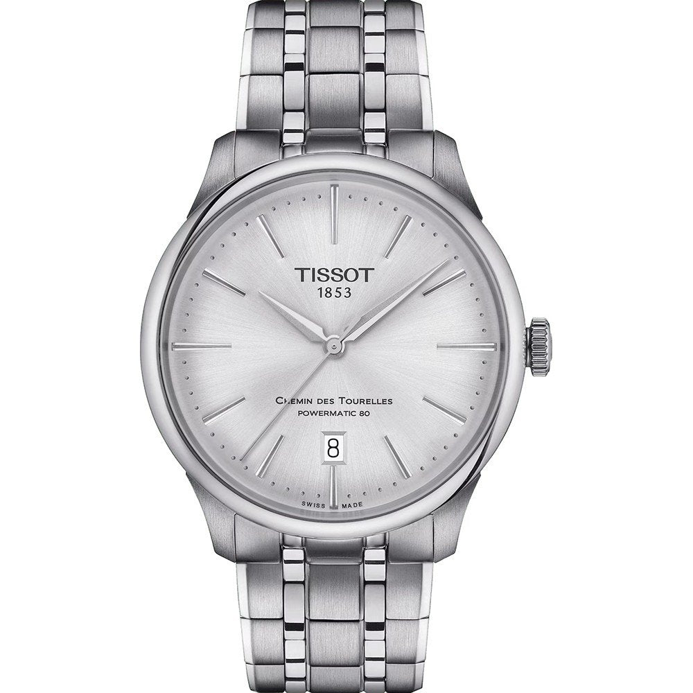 Reloj Tissot Chemin des Tourelles de 39 mm, con esfera plateada y correa de acero inoxidable.