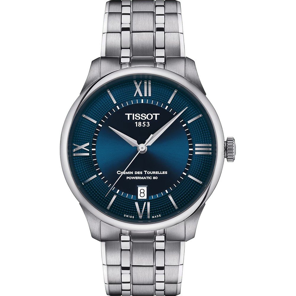 Reloj Tissot Chemin des Tourelles de 39 mm con esfera azul, números romanos y correa de acero inoxidable.