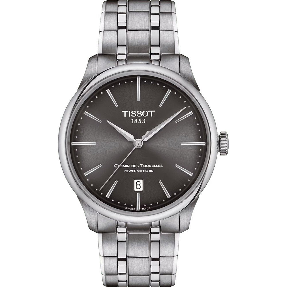 Reloj Tissot Chemin des Tourelles de 39 mm, esfera gris, correa de acero inoxidable y fecha.