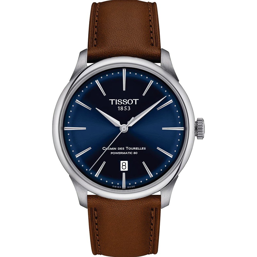 Reloj Tissot Chemin des Tourelles de 39 mm, esfera azul, correa de cuero marrón y detalles plateados.