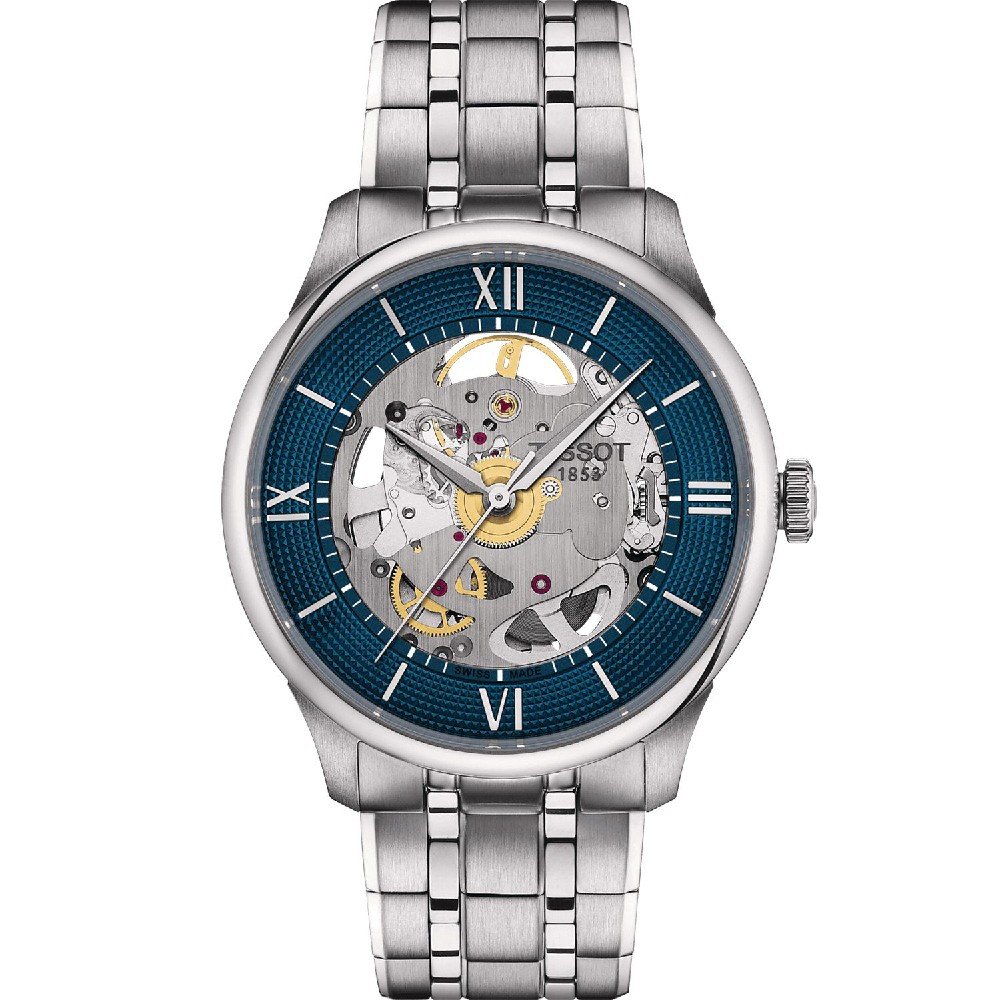 Reloj Tissot Chemin Des Tourelles con esfera azul, caja de acero inoxidable y correa de eslabones.