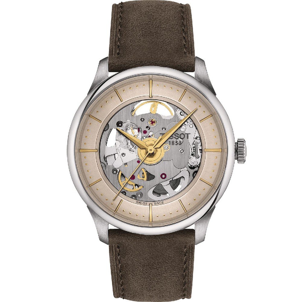 Reloj Tissot Chemin Des Tourelles con esfera esqueleto, correa de cuero marrón y detalles dorados.