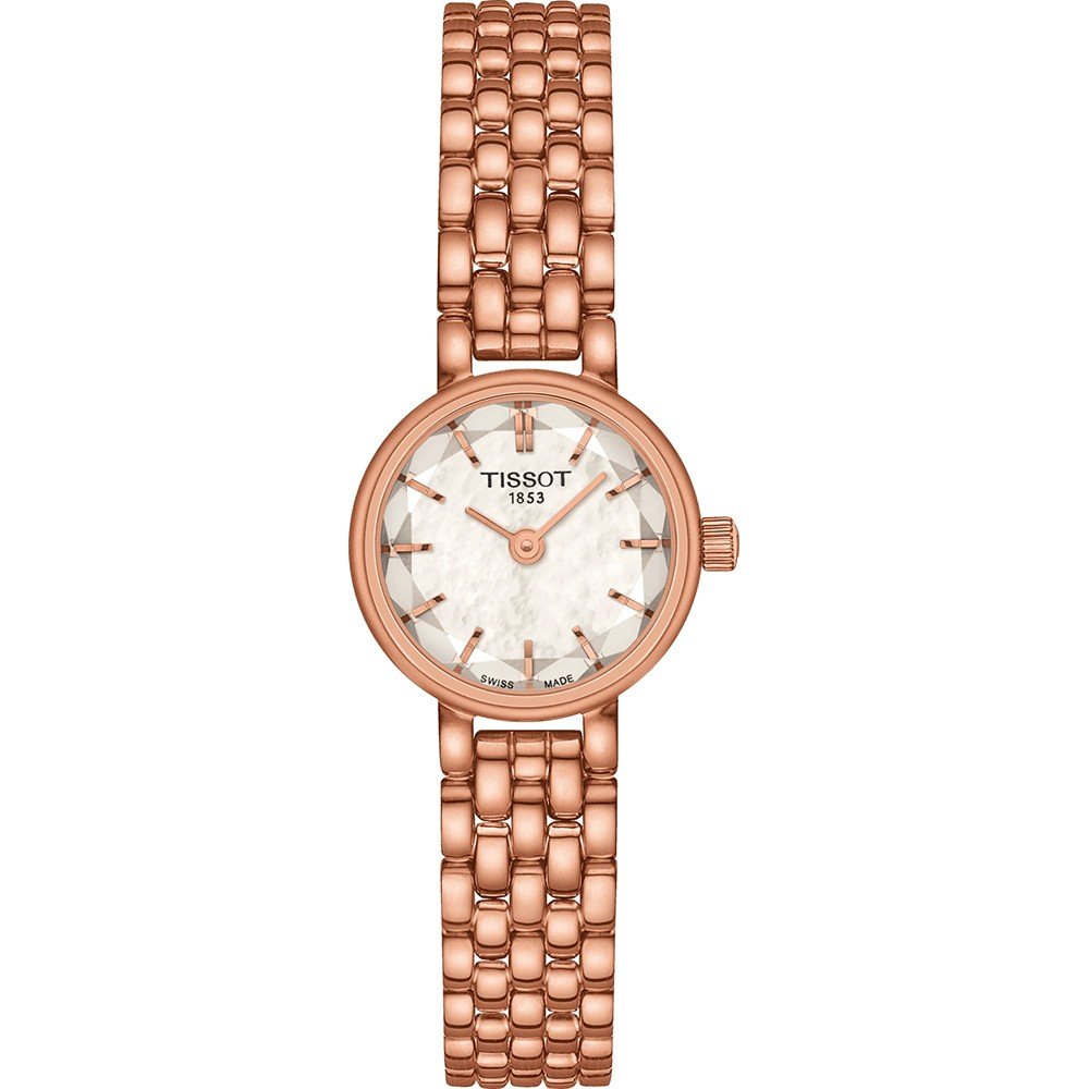 Reloj de esfera redonda con correa de malla en tono rosado y detalle de textura en la esfera.