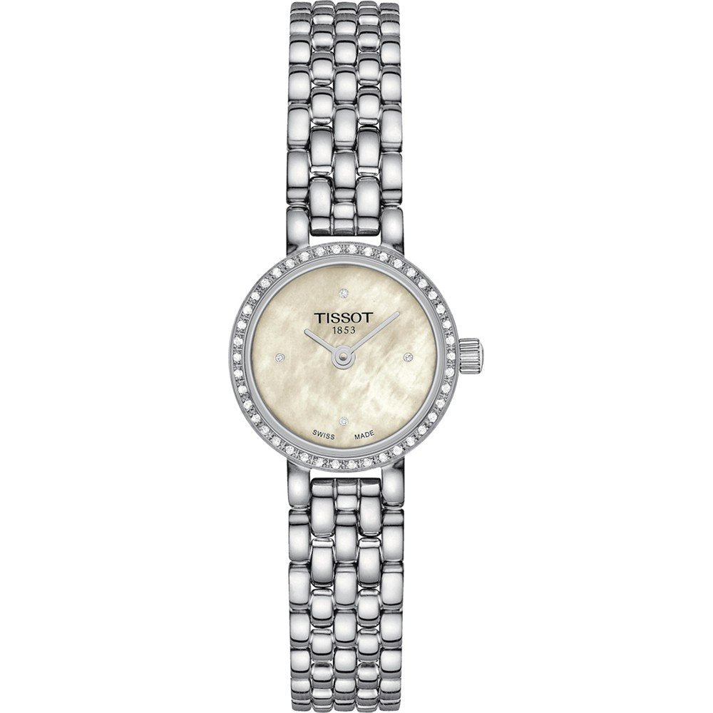 Reloj de acero inoxidable con esfera beige y bisel adornado con piedras brillantes.
