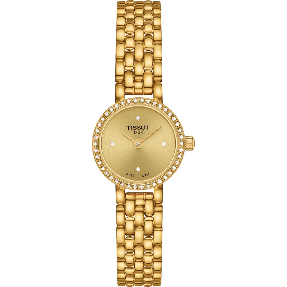 Reloj de esfera dorada con correa de malla dorada y detalles de cristales.