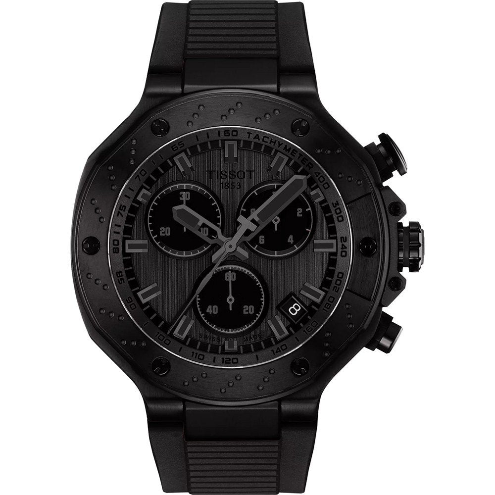 Reloj cronógrafo Tissot T-Race de color negro con caja de acero, esfera con detalles en relieve y correa de goma.
