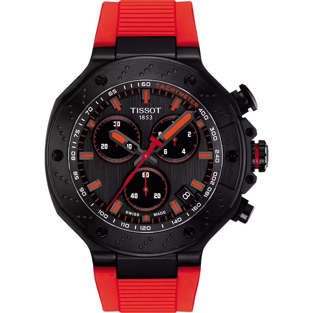 Reloj cronógrafo Tissot T-Race con caja negra, esfera negra y detalles en naranja, correa de silicona roja.