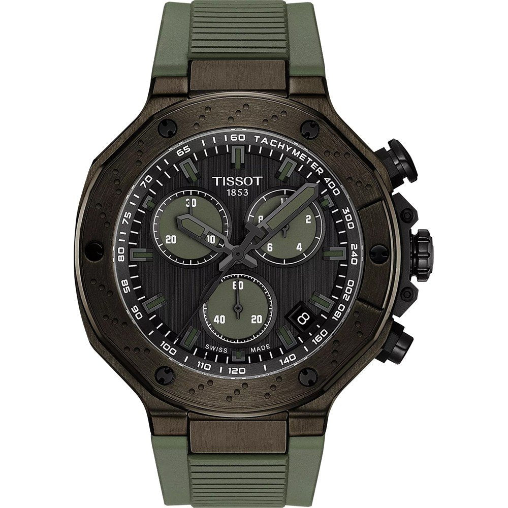 Reloj cronógrafo Tissot T-Race de color negro y verde, con caja de acero y correa de goma.