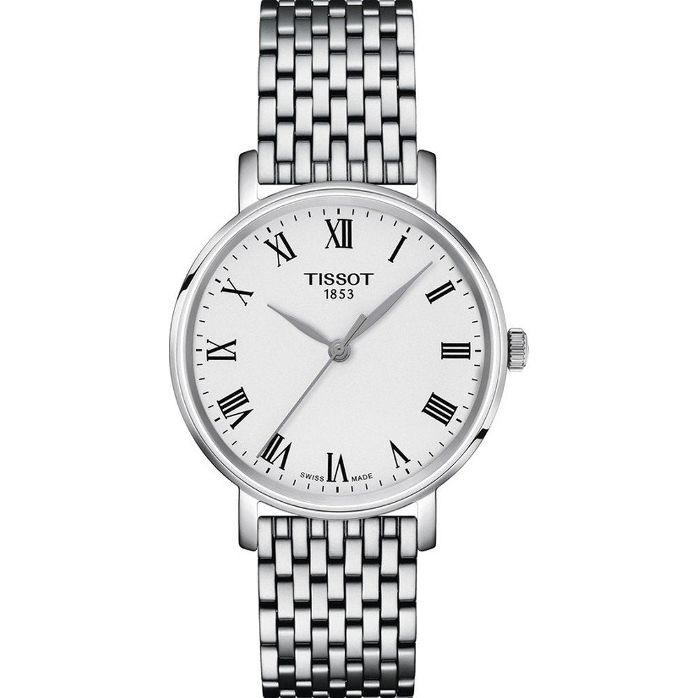 Reloj Tissot Everytime de 34 mm con esfera blanca, números romanos y correa de malla de acero inoxidable.
