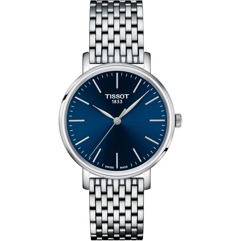 Reloj Tissot Everytime de 34 mm con esfera azul y pulsera de acero inoxidable trenzado.