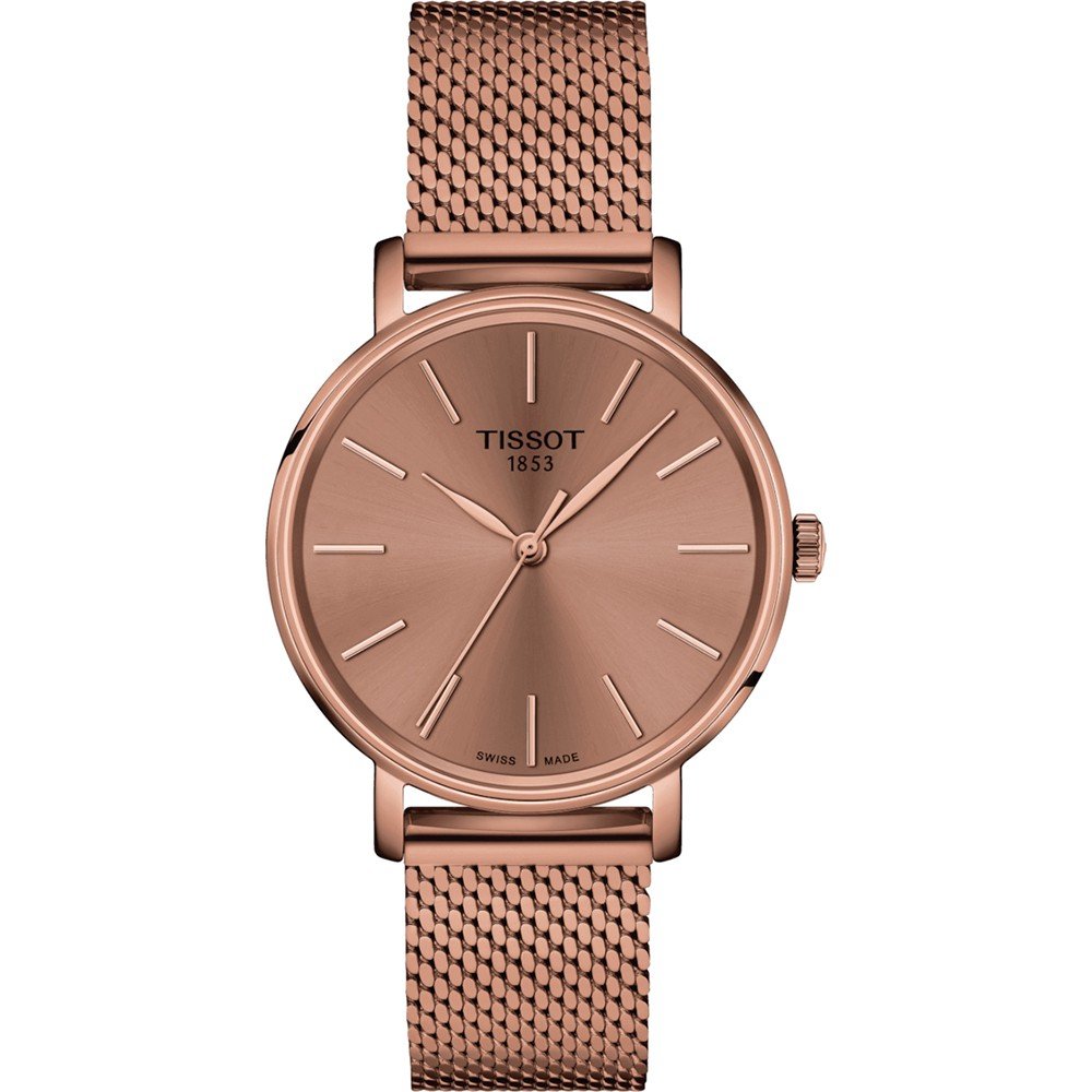 Reloj Tissot Everytime de 34 mm con caja y correa de malla en tono rosa.