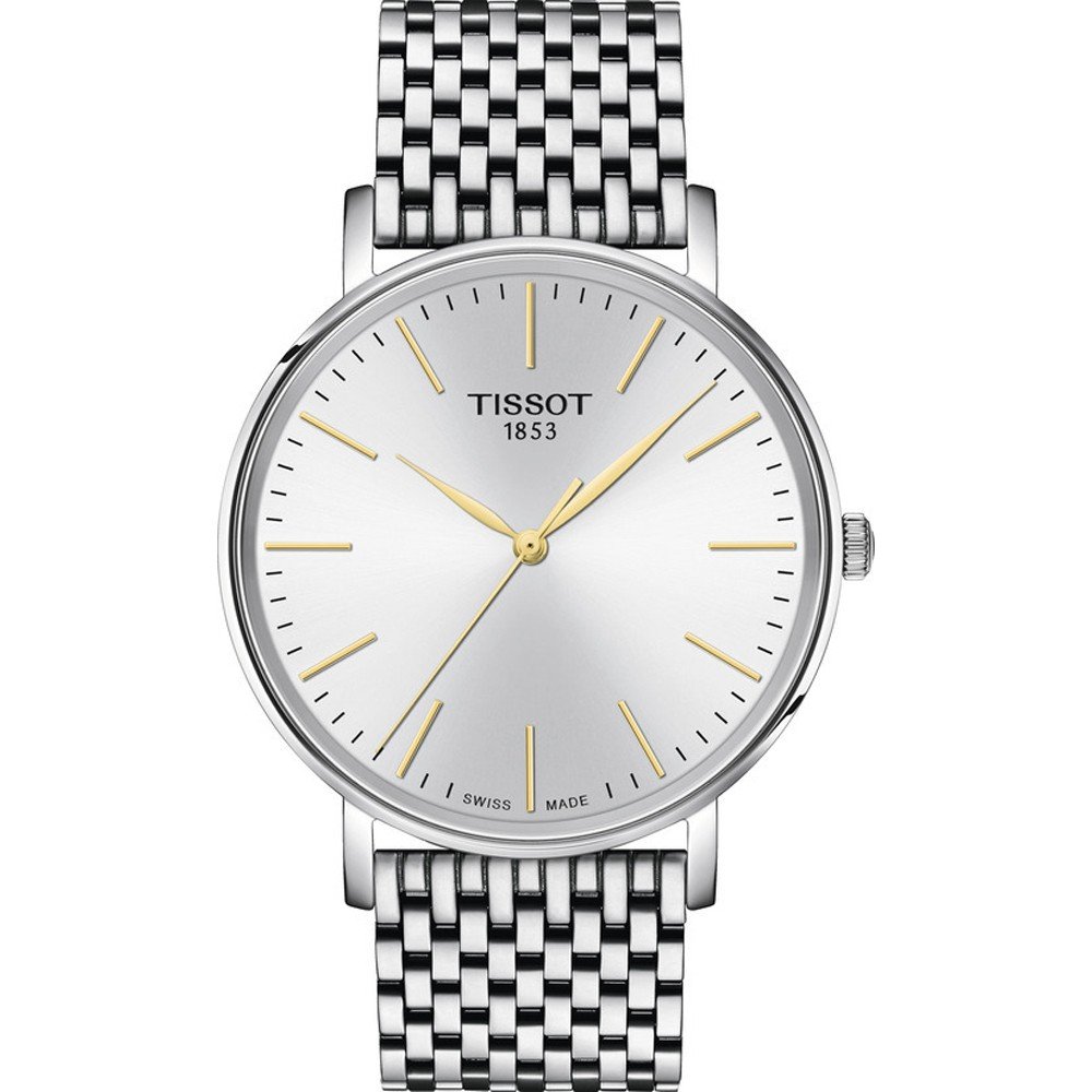 Reloj Tissot Everytime de 40 mm con esfera plateada y correa de malla de acero inoxidable.