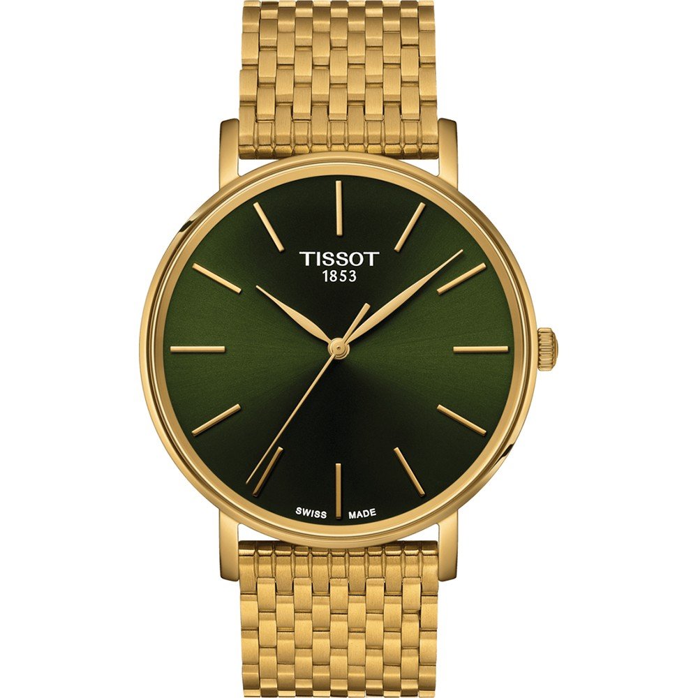 Reloj Tissot Everytime de 40 mm con esfera verde y correa de malla dorada.