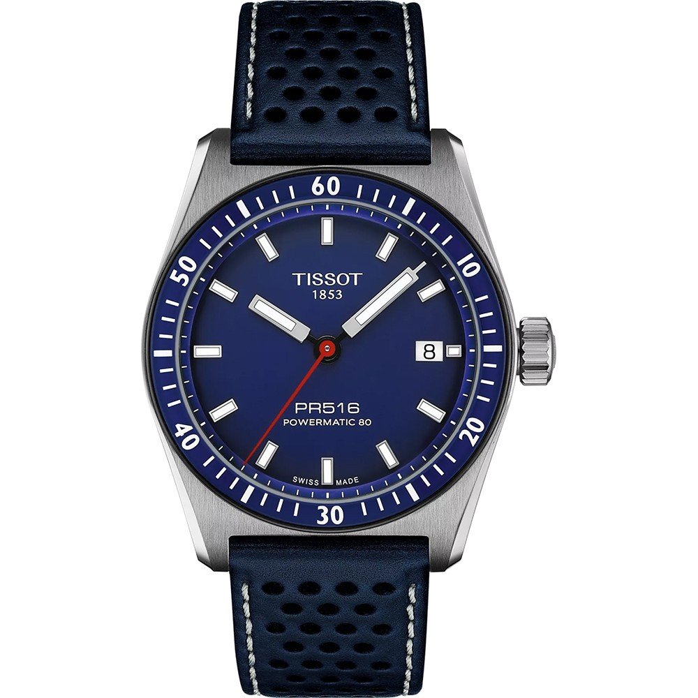 Reloj Tissot PR516 con esfera azul, correa de cuero perforado negra y caja de acero inoxidable.