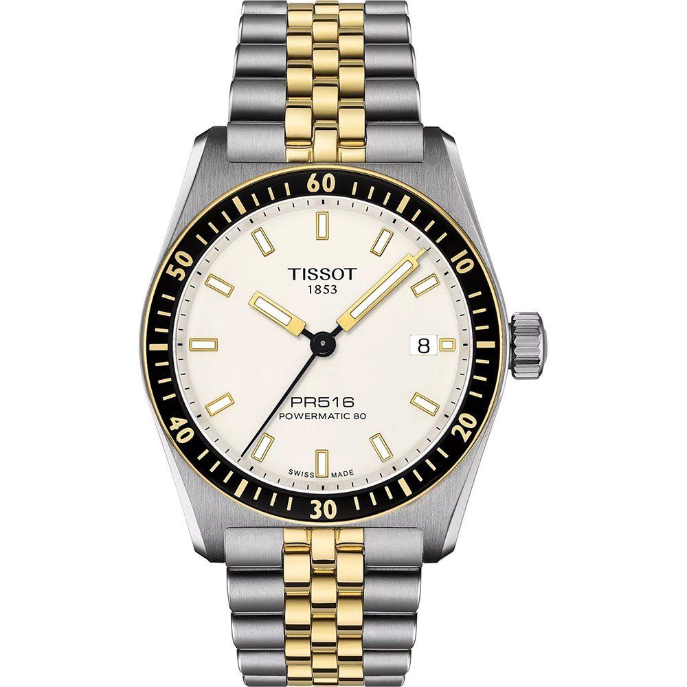 Reloj Tissot PR516 con caja de acero inoxidable, esfera blanca, bisel negro y pulsera bicolor.