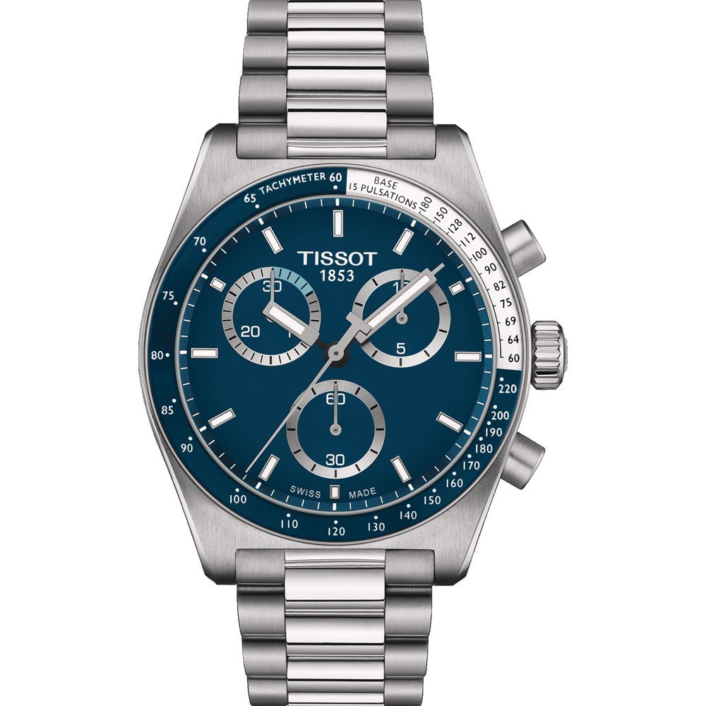 Reloj cronógrafo Tissot PR516 con esfera azul, caja de acero inoxidable y correa de acero.