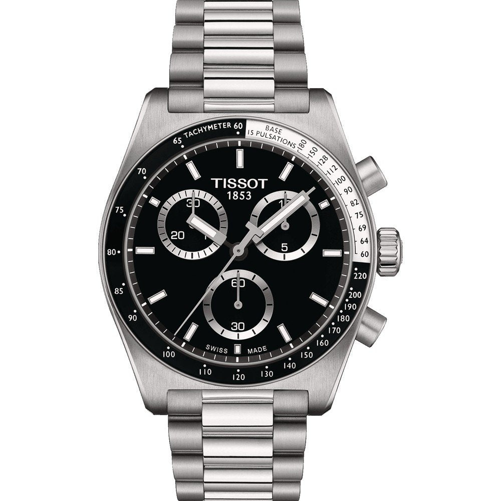 Reloj cronógrafo Tissot PR516 con caja de acero inoxidable, esfera negra y correa de acero.