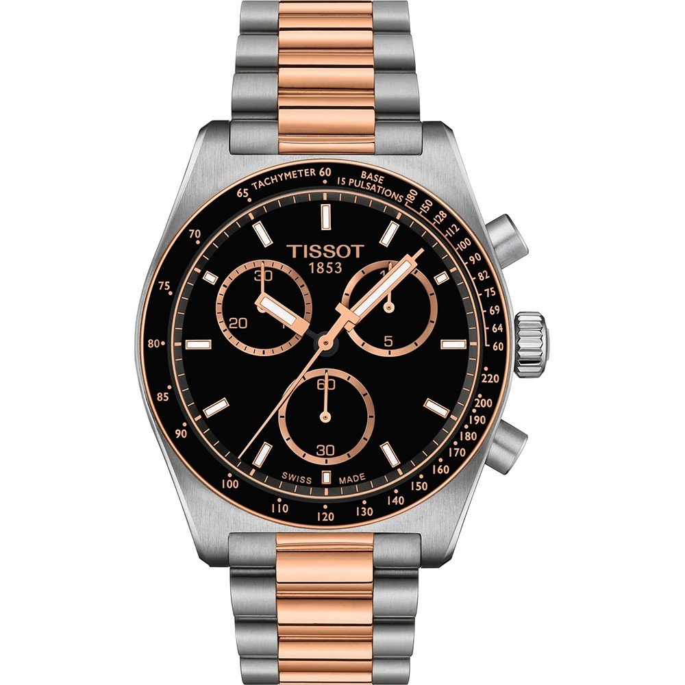 Reloj cronógrafo Tissot PR516 con caja de acero inoxidable y correa bicolor en rosa y plata.