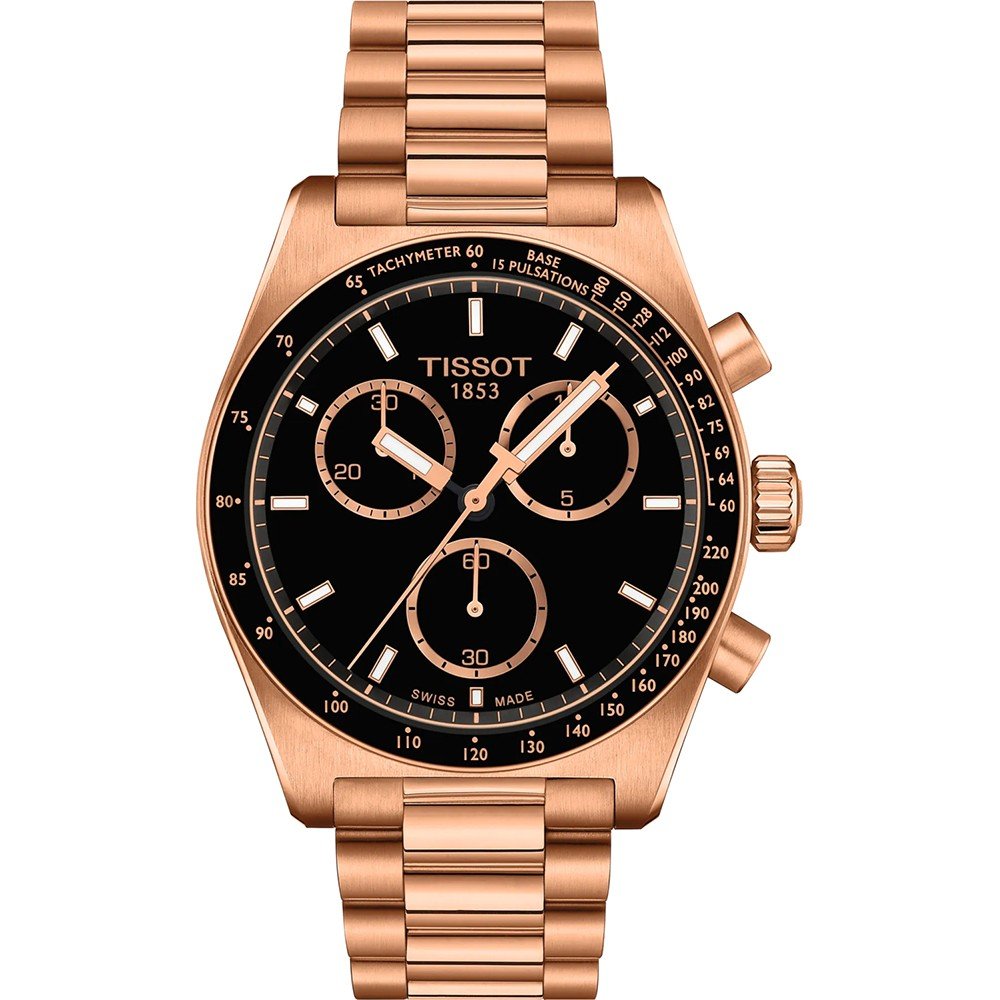 Reloj cronógrafo Tissot PR516 con caja y pulsera de acero inoxidable rosa y esfera negra.