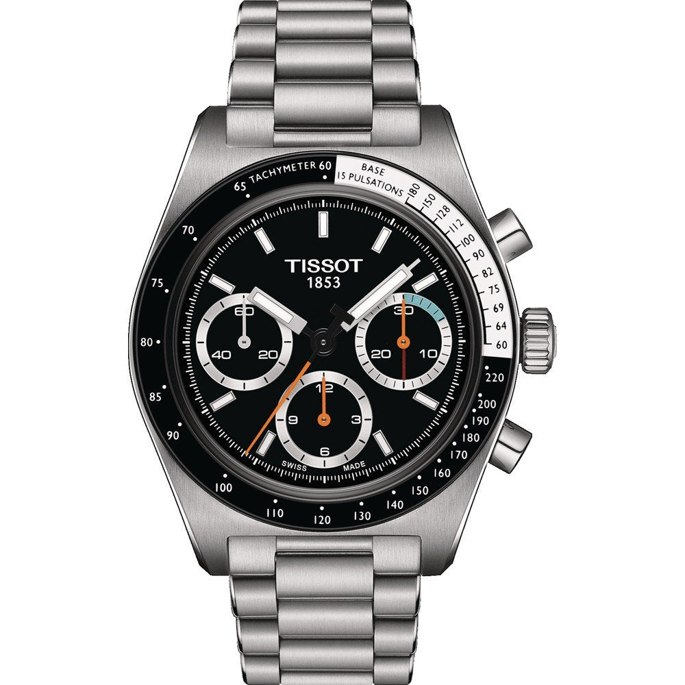 Reloj cronógrafo mecánico Tissot PR516 con esfera negra, caja de acero inoxidable y correa de malla.