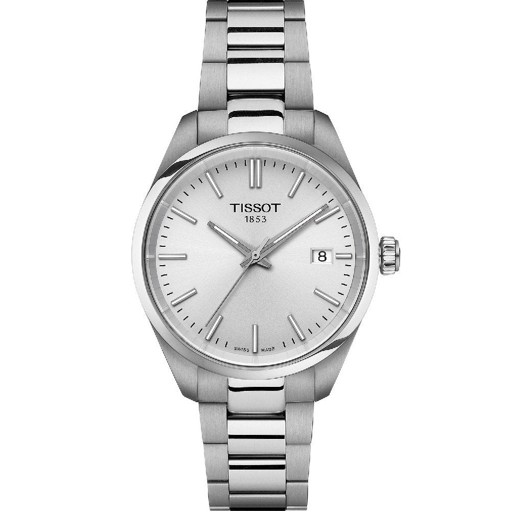 Reloj Tissot PR 100 de 34 mm con esfera plateada y correa de acero inoxidable.