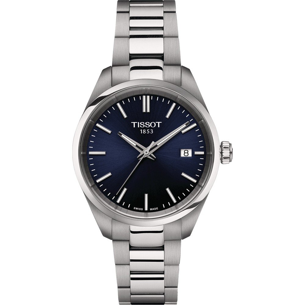Reloj Tissot PR 100 de 34 mm con esfera azul, caja de acero inoxidable y correa de eslabones.