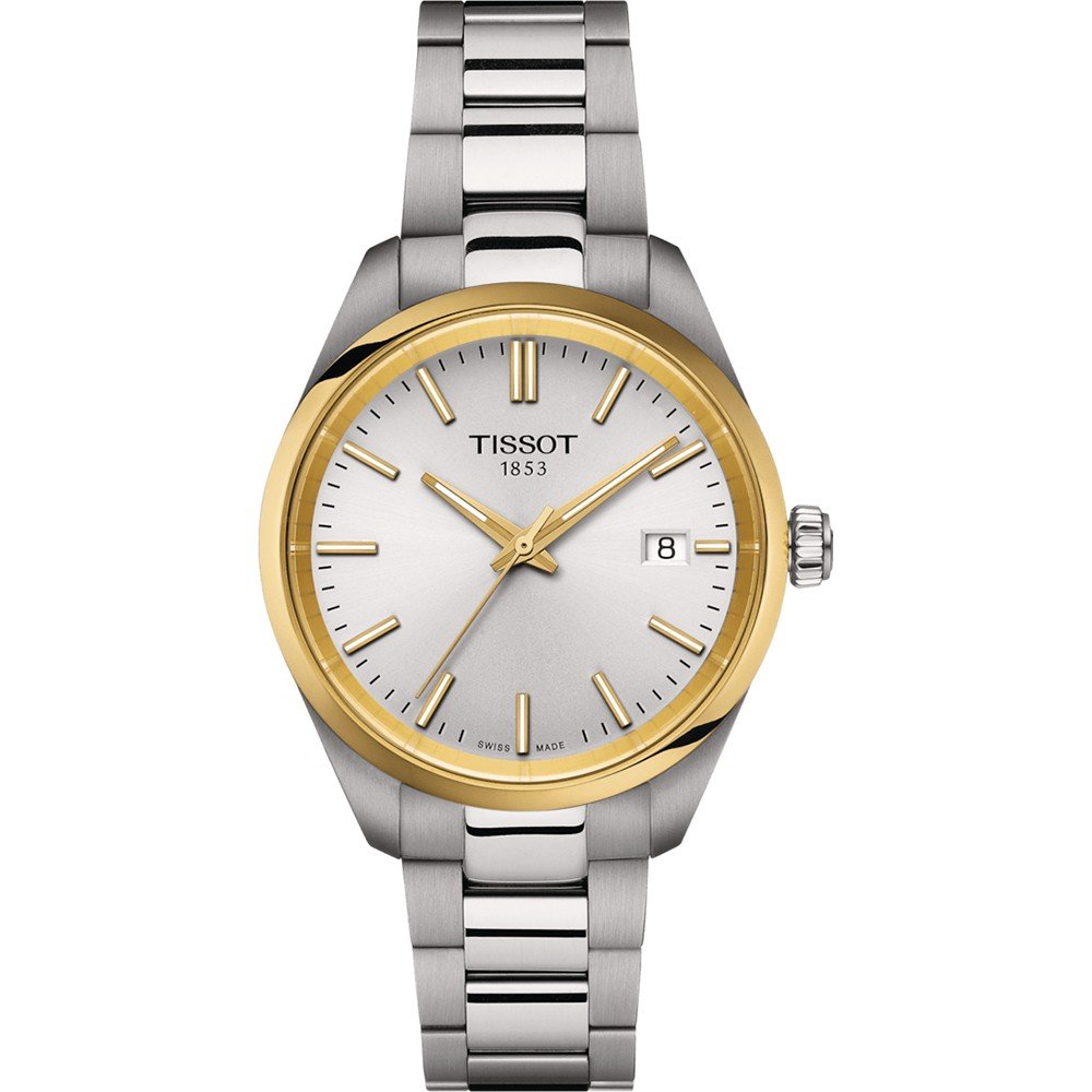 Reloj Tissot PR 100 de 34 mm, con esfera plateada, caja bicolor y correa de acero inoxidable.