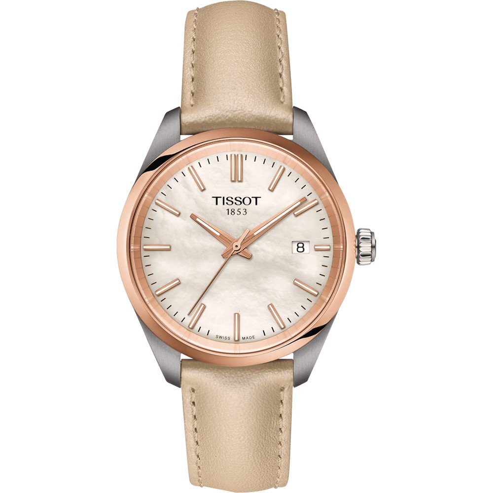 Reloj Tissot PR 100 de 34 mm con esfera perlada, caja de acero inoxidable y correa de cuero beige.