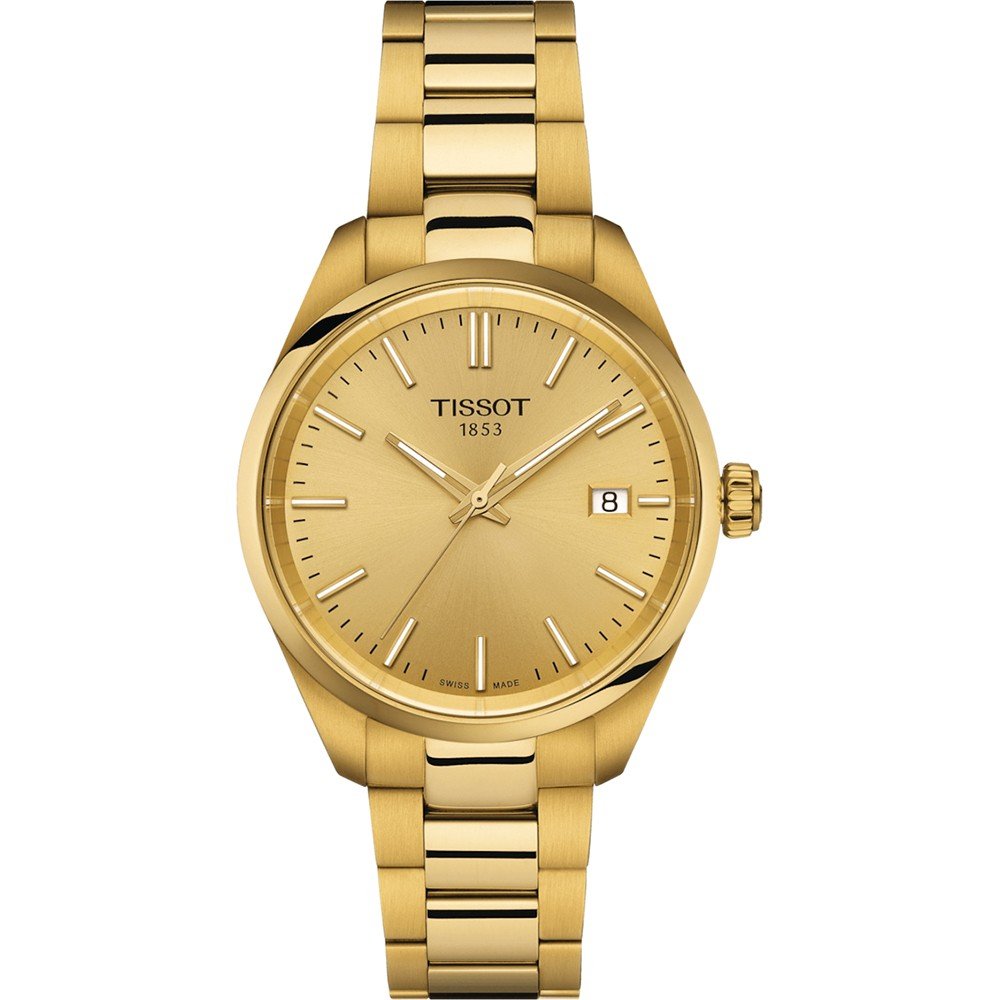 Reloj Tissot PR 100 de 34 mm, con esfera dorada y correa de acero inoxidable dorado.