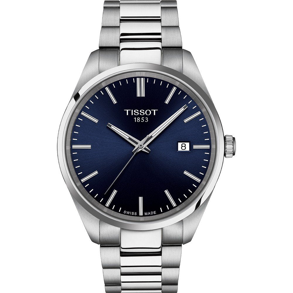Reloj Tissot PR 100 con esfera azul, caja de acero inoxidable y correa de acero pulido.
