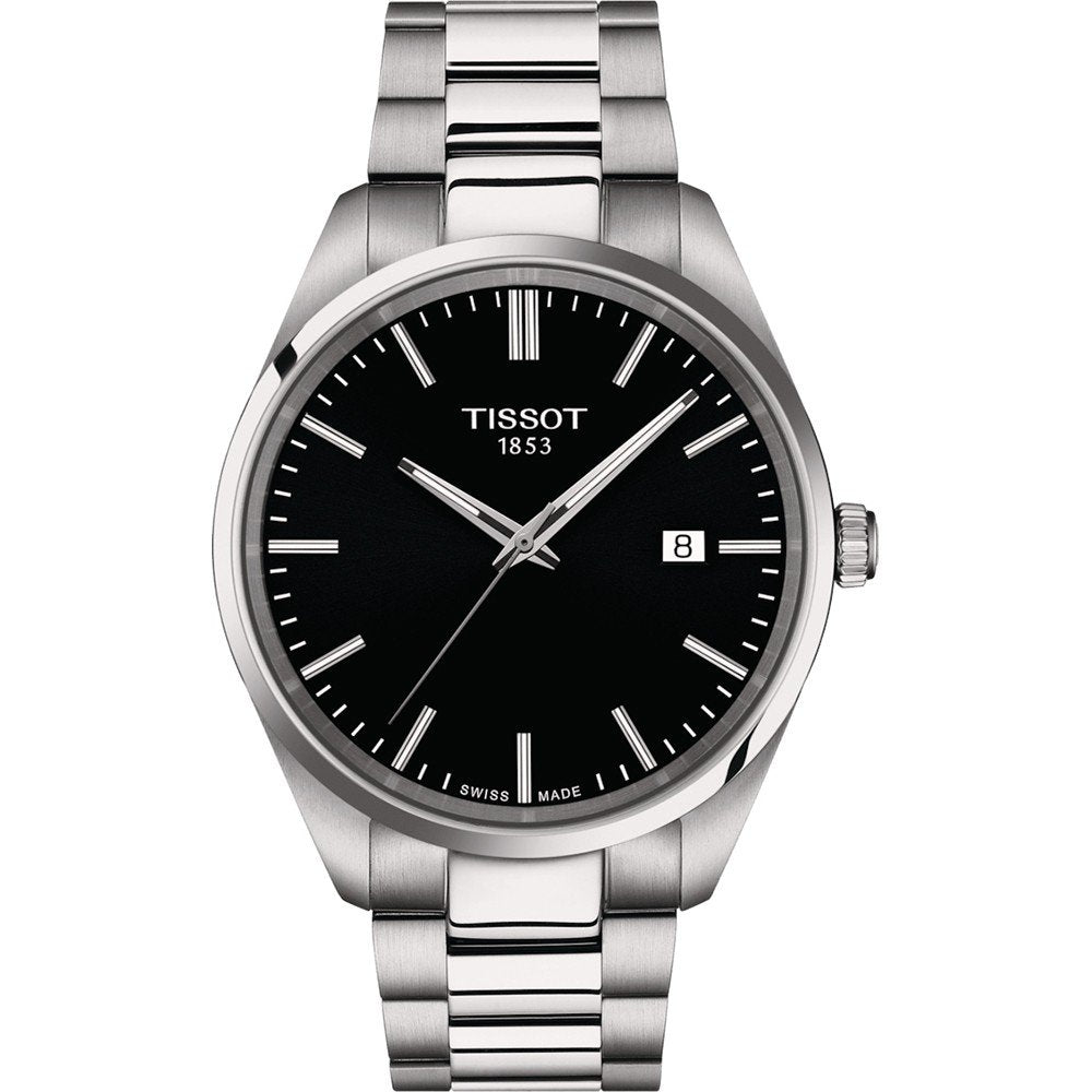 Reloj Tissot PR 100 con caja de acero inoxidable, esfera negra y correa de acero con eslabones.