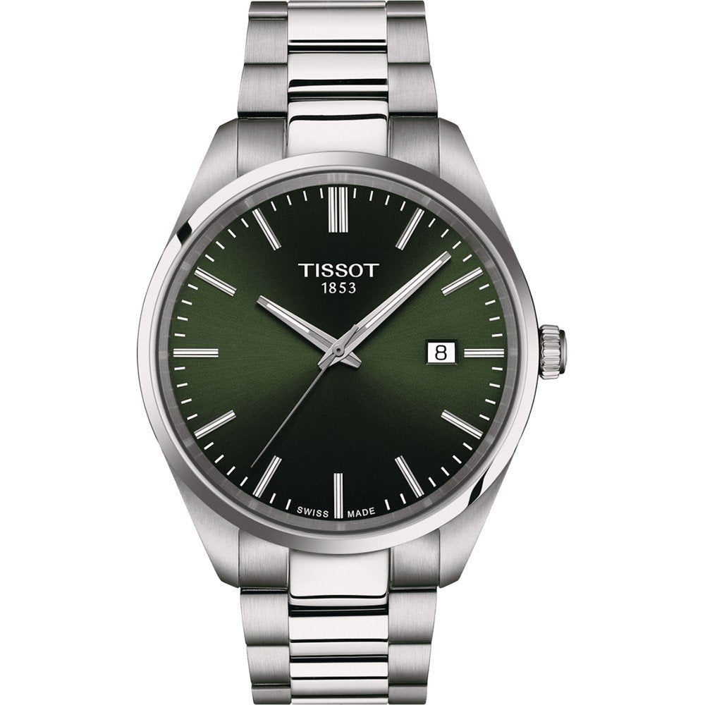 Reloj Tissot PR 100 con esfera verde, caja de acero inoxidable y correa de acero pulido.