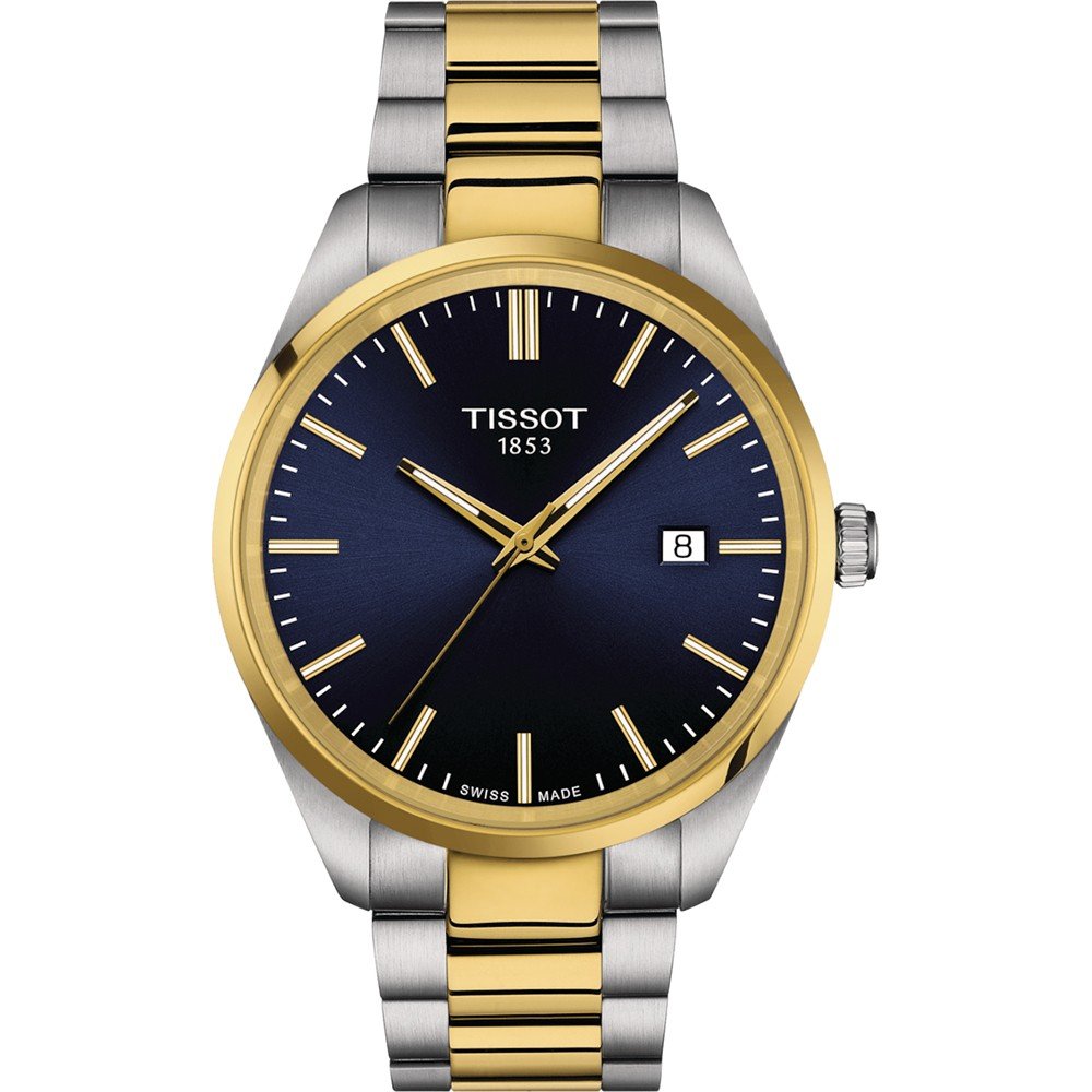 Reloj Tissot PR 100 con caja de acero inoxidable bicolor, esfera azul y correa de eslabones dorados y plateados.