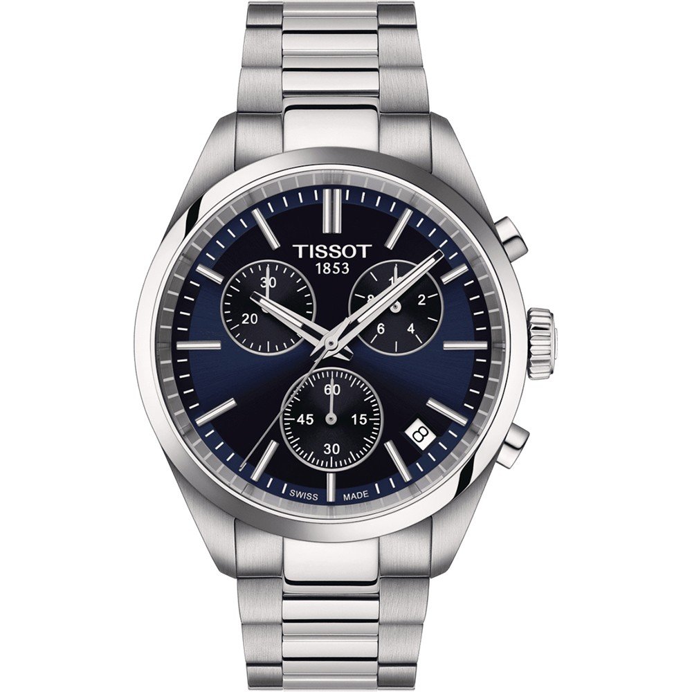 Reloj Tissot PR 100 cronógrafo con caja de acero inoxidable, esfera azul y correa de acero.