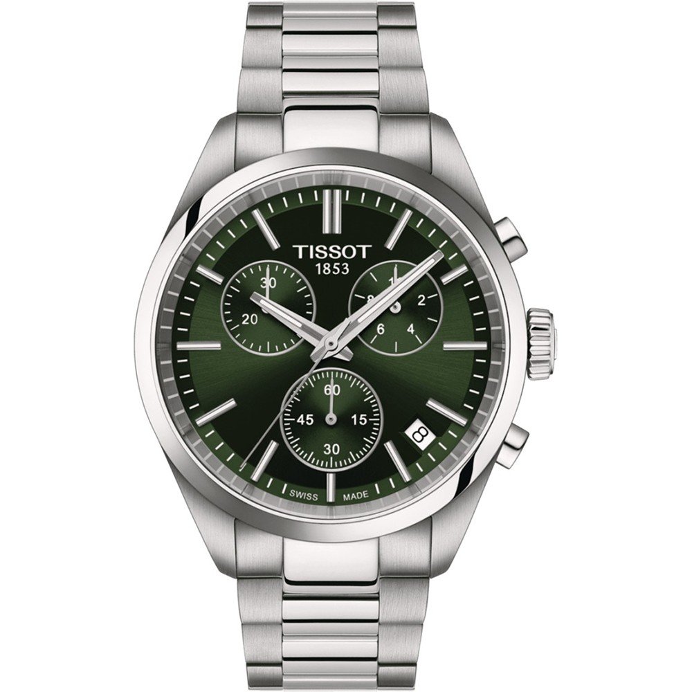 Reloj cronógrafo Tissot PR 100 con esfera verde y caja de acero inoxidable, correa de malla.