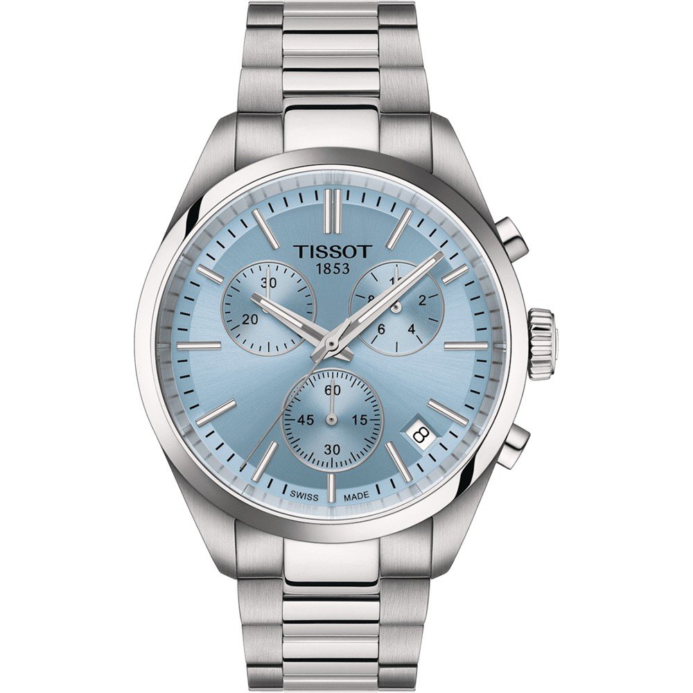 Reloj Tissot PR 100 cronógrafo con esfera azul clara y correa de acero inoxidable.