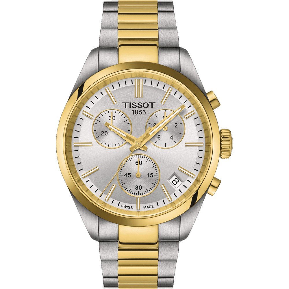 Reloj Tissot PR 100 cronógrafo con caja bicolor, esfera plateada y correa de acero inoxidable dorada y plateada.
