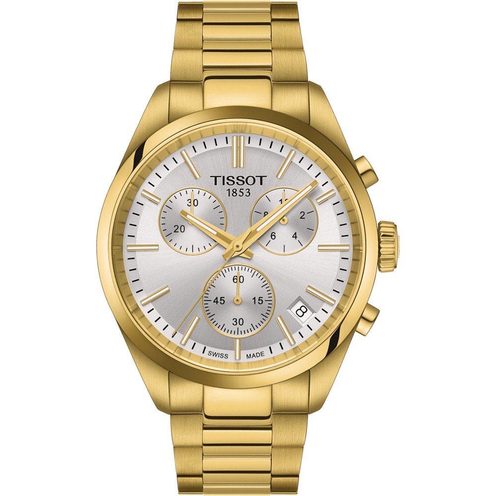 Reloj cronógrafo Tissot PR 100 con caja dorada, esfera plateada y correa de eslabones dorados.
