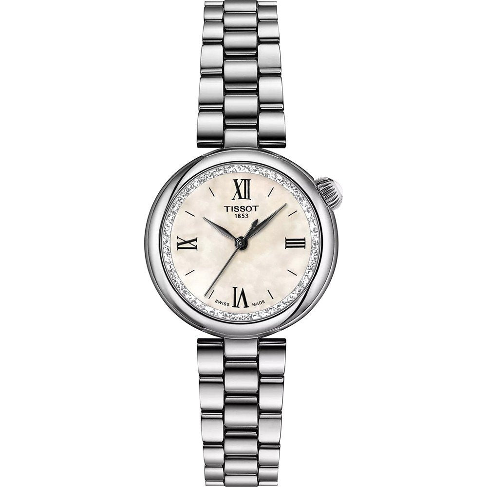 Reloj Tissot Desir con caja plateada, esfera clara y detalles de cristales, correa de acero inoxidable.