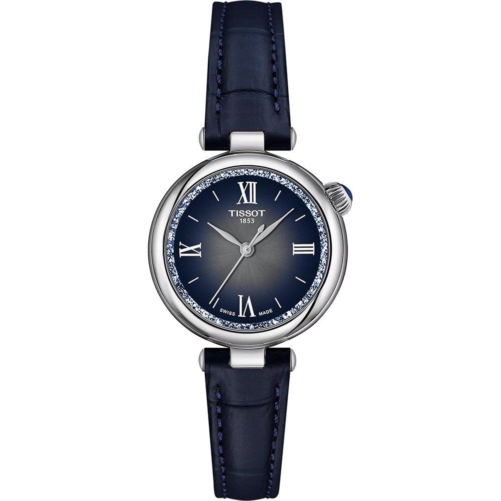 Reloj Tissot Desir con esfera azul, caja de acero inoxidable y correa de cuero azul.