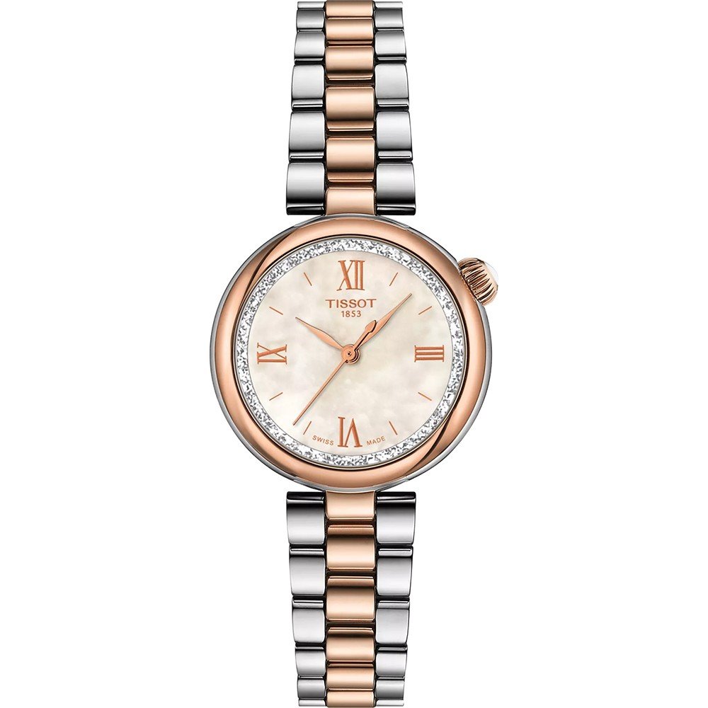 Reloj Tissot Desir con caja redonda en acero bicolor y esfera blanca con detalles en rosa.